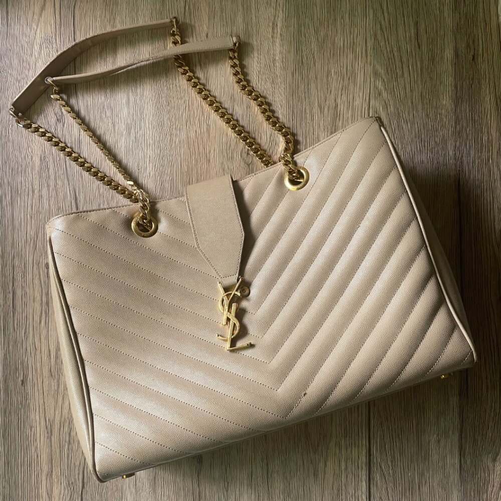 Yves Saint Laurent BO Monogramme SL Beige Calfskin Tote with Gold Hardware